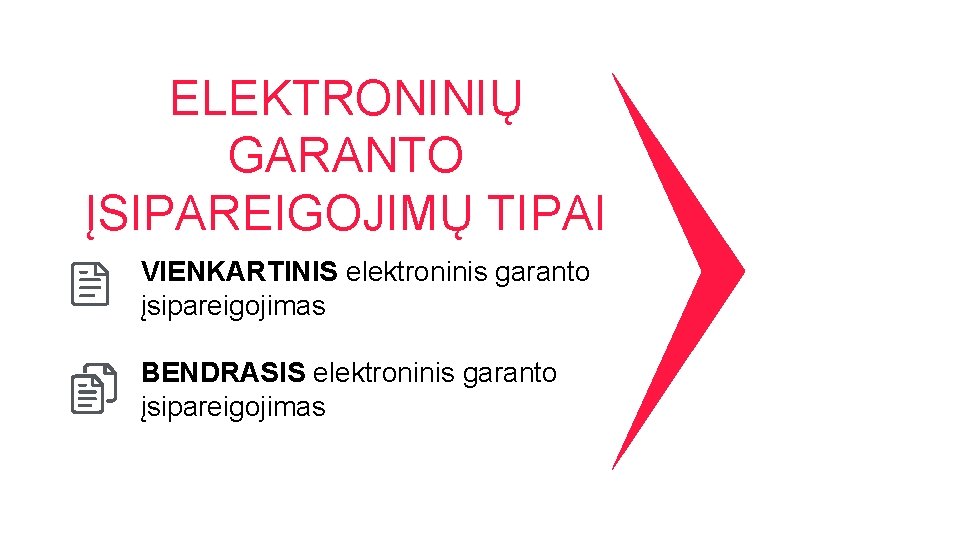 ELEKTRONINIŲ GARANTO ĮSIPAREIGOJIMŲ TIPAI VIENKARTINIS elektroninis garanto įsipareigojimas BENDRASIS elektroninis garanto įsipareigojimas 