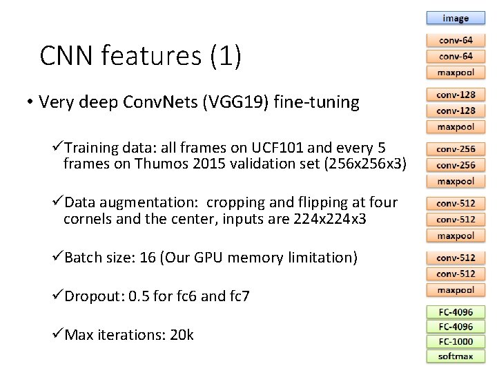 CNN features (1) • Very deep Conv. Nets (VGG 19) fine-tuning üTraining data: all