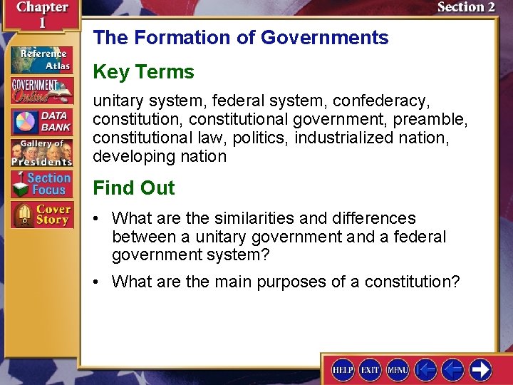 The Formation of Governments Key Terms unitary system, federal system, confederacy, constitution, constitutional government,