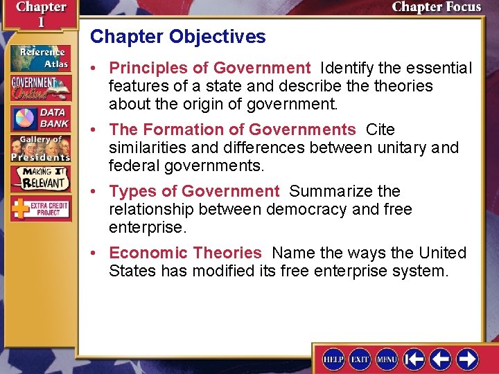 Chapter Objectives • Principles of Government Identify the essential features of a state and
