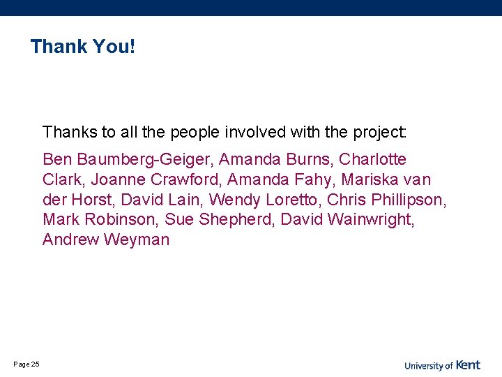 Thank You! Thanks to all the people involved with the project: Ben Baumberg-Geiger, Amanda