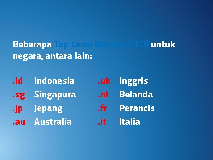 Beberapa Top Level Domain (TLD) untuk negara, antara lain: . id. sg. jp. au