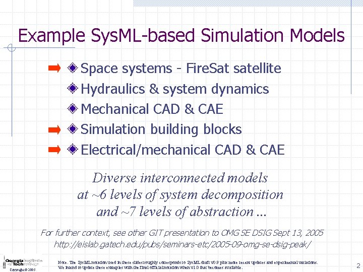 Example Sys. ML-based Simulation Models Space systems - Fire. Sat satellite Hydraulics & system