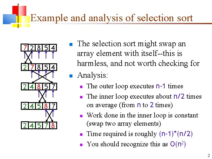 Example and analysis of selection sort 7 2 8 5 4 2 7 8