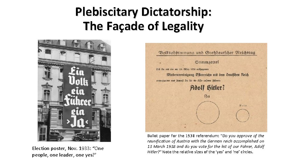 Plebiscitary Dictatorship: The Façade of Legality Election poster, Nov. 1933: “One people, one leader,