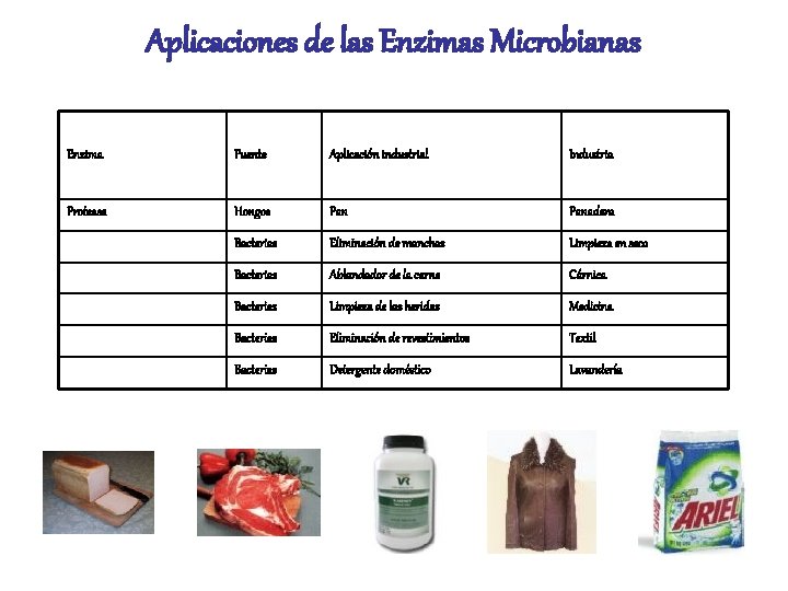 Aplicaciones de las Enzimas Microbianas Enzima Fuente Aplicación industrial Industria Proteasa Hongos Panadera Bacterias