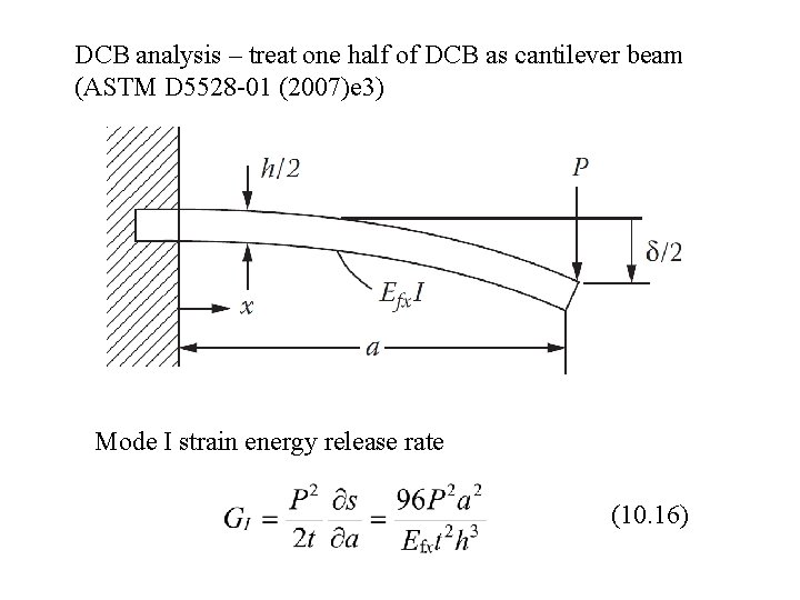 DCB analysis – treat one half of DCB as cantilever beam (ASTM D 5528 DCB analysis – treat one half of DCB as cantilever beam (ASTM D 5528