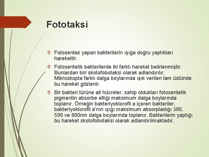 Fototaksi Fotosentez yapan bakterilerin ışığa doğru yaptıkları harekettir. Fotosentetik bakterilerde iki farklı hareket belirlenmiştir. Fototaksi Fotosentez yapan bakterilerin ışığa doğru yaptıkları harekettir. Fotosentetik bakterilerde iki farklı hareket belirlenmiştir.