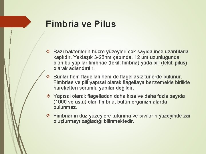Fimbria ve Pilus Bazı bakterilerin hücre yüzeyleri çok sayıda ince uzantılarla kaplıdır. Yaklaşık 3 Fimbria ve Pilus Bazı bakterilerin hücre yüzeyleri çok sayıda ince uzantılarla kaplıdır. Yaklaşık 3