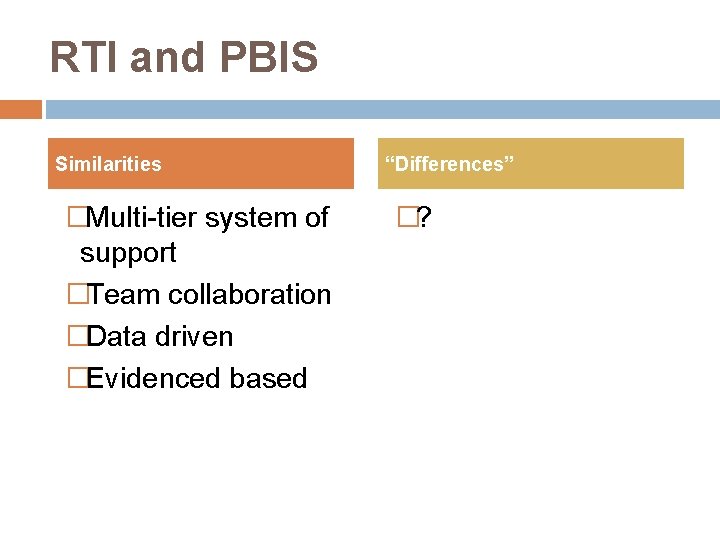 RTI and PBIS Similarities �Multi-tier system of support �Team collaboration �Data driven �Evidenced based