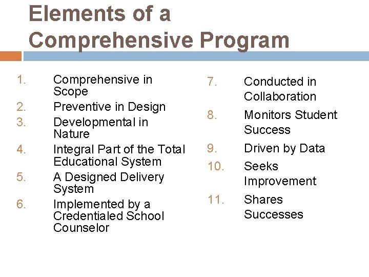 Elements of a Comprehensive Program 1. 2. 3. 4. 5. 6. Comprehensive in Scope