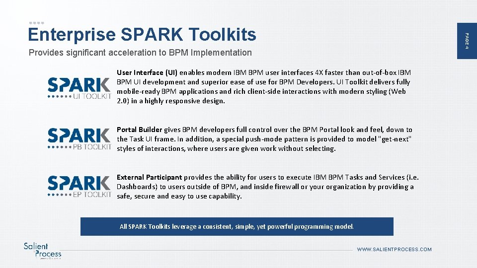 PAGE 4 Enterprise SPARK Toolkits Provides significant acceleration to BPM Implementation User Interface (UI)