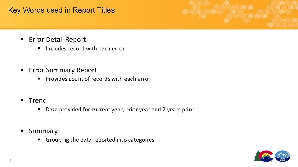 Key Words used in Report Titles § Error Detail Report § Includes record with