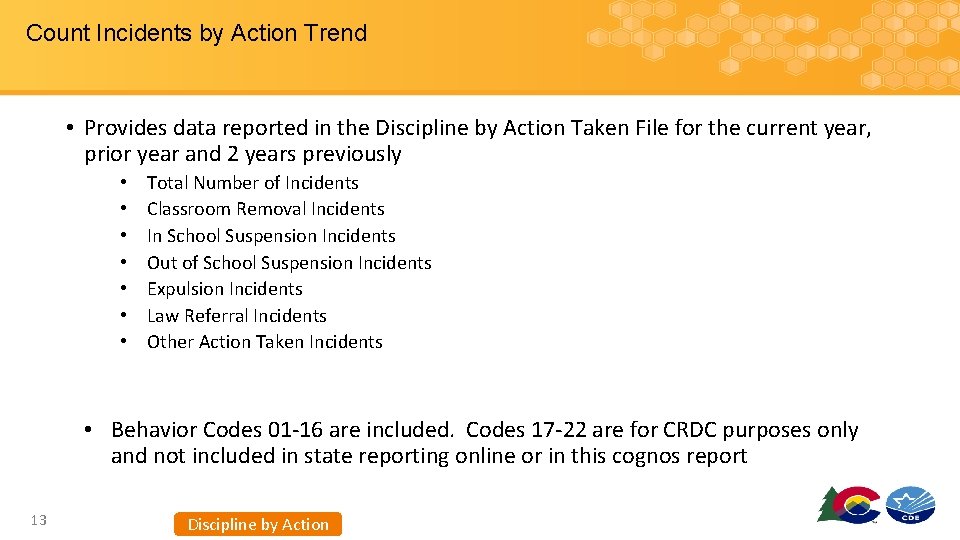 Count Incidents by Action Trend • Provides data reported in the Discipline by Action