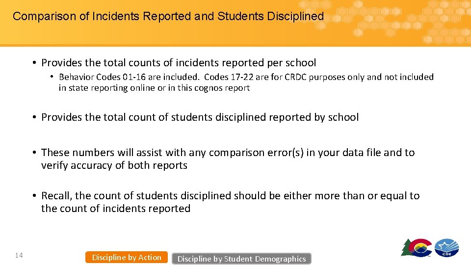 Comparison of Incidents Reported and Students Disciplined • Provides the total counts of incidents