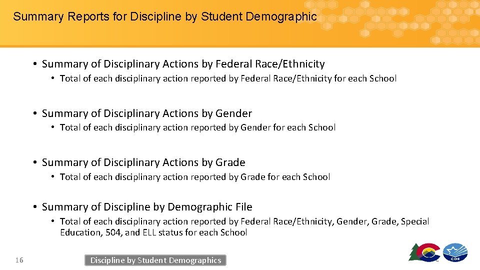 Summary Reports for Discipline by Student Demographic • Summary of Disciplinary Actions by Federal