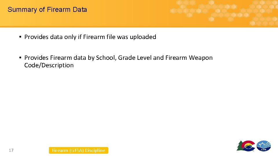 Summary of Firearm Data • Provides data only if Firearm file was uploaded •