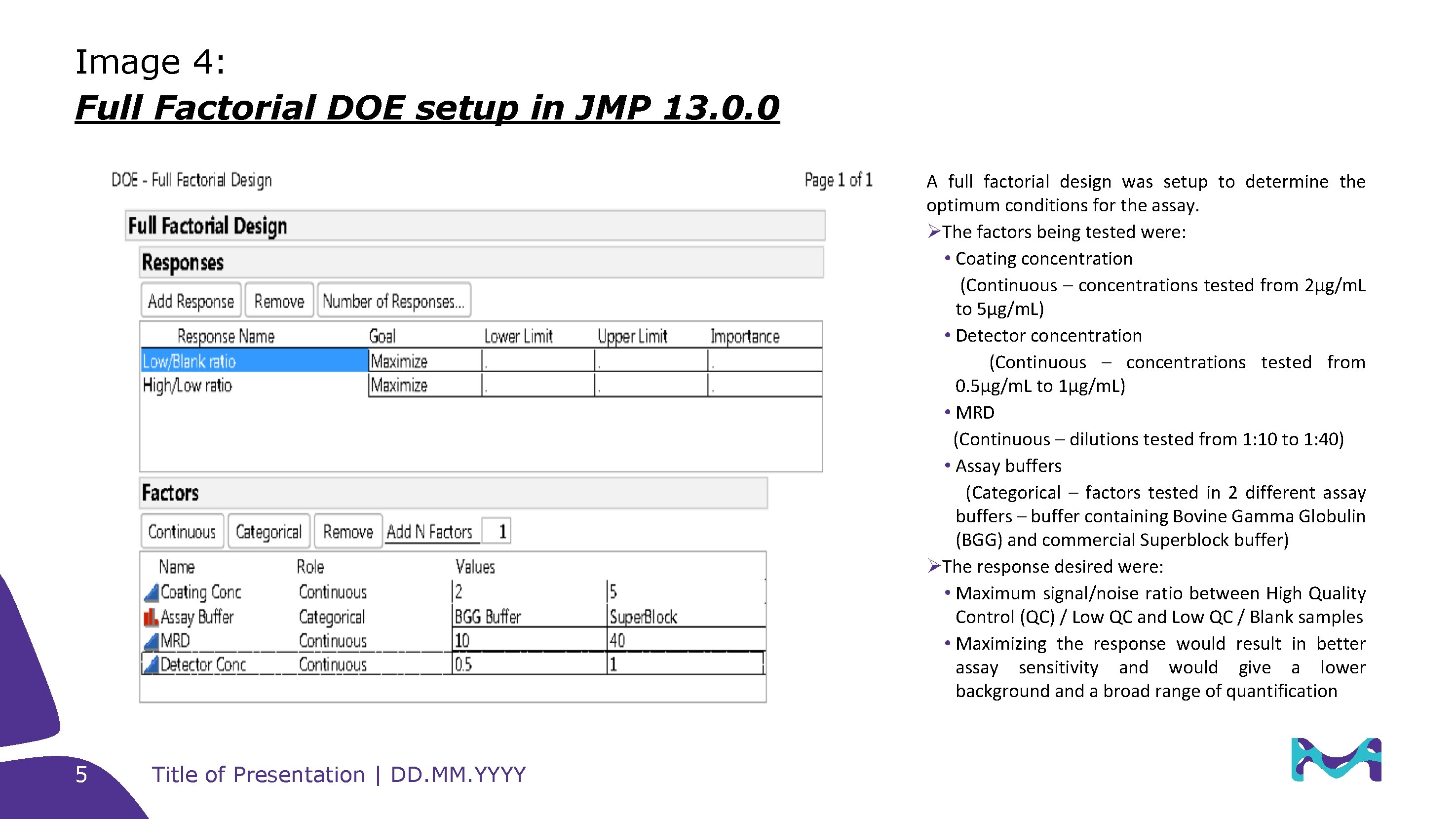 Image 4: Full Factorial DOE setup in JMP 13. 0. 0 A full factorial