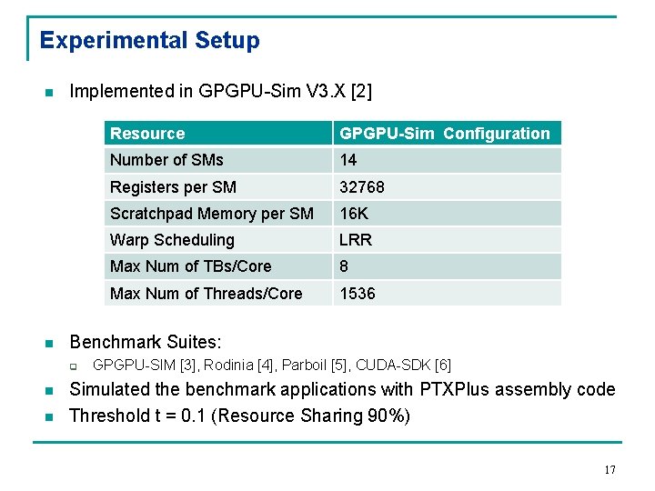 Experimental Setup n n Implemented in GPGPU-Sim V 3. X [2] n GPGPU-Sim Configuration