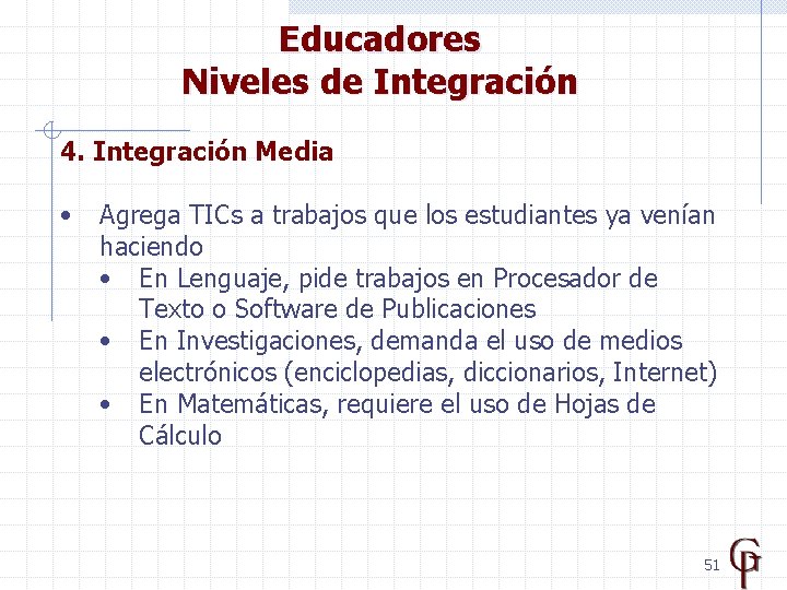Educadores Niveles de Integración 4. Integración Media • Agrega TICs a trabajos que los
