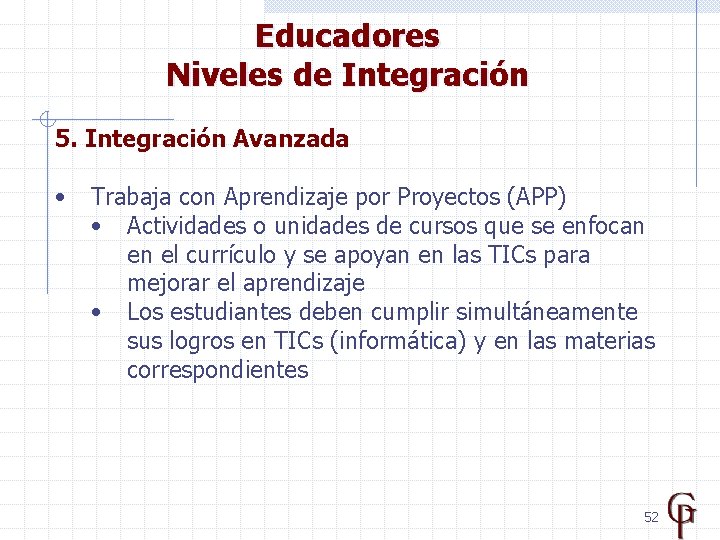 Educadores Niveles de Integración 5. Integración Avanzada • Trabaja con Aprendizaje por Proyectos (APP)