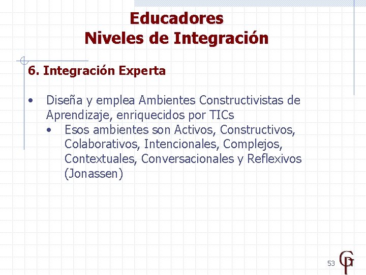 Educadores Niveles de Integración 6. Integración Experta • Diseña y emplea Ambientes Constructivistas de