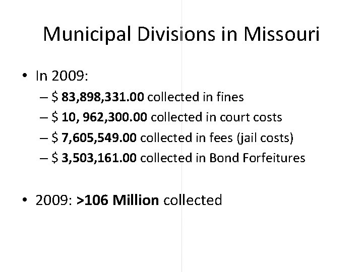 Municipal Divisions in Missouri • In 2009: – $ 83, 898, 331. 00 collected