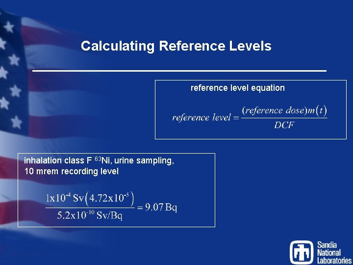 Calculating Reference Levels reference level equation inhalation class F 63 Ni, urine sampling, 10