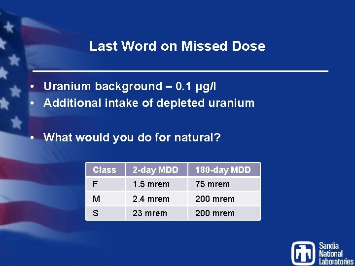 Last Word on Missed Dose • Uranium background – 0. 1 μg/l • Additional