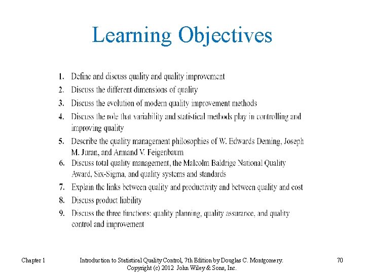 Learning Objectives Chapter 1 Introduction to Statistical Quality Control, 7 th Edition by Douglas