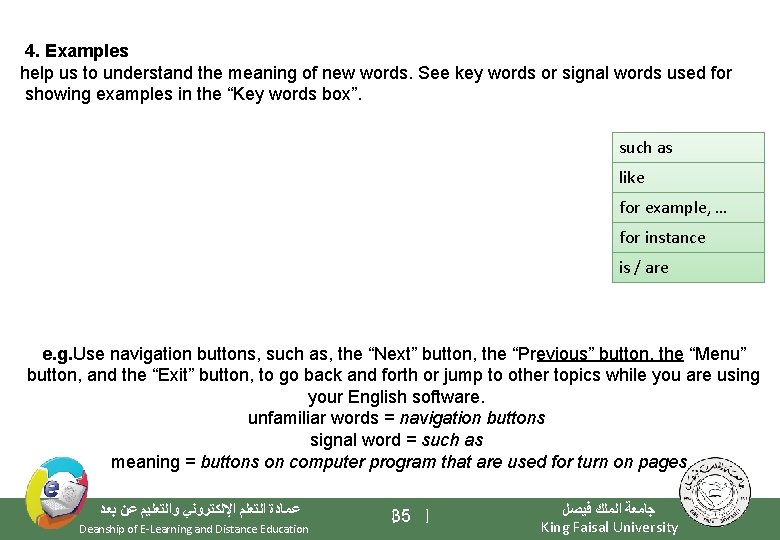 4. Examples help us to understand the meaning of new words. See key words