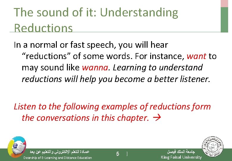 The sound of it: Understanding Reductions In a normal or fast speech, you will