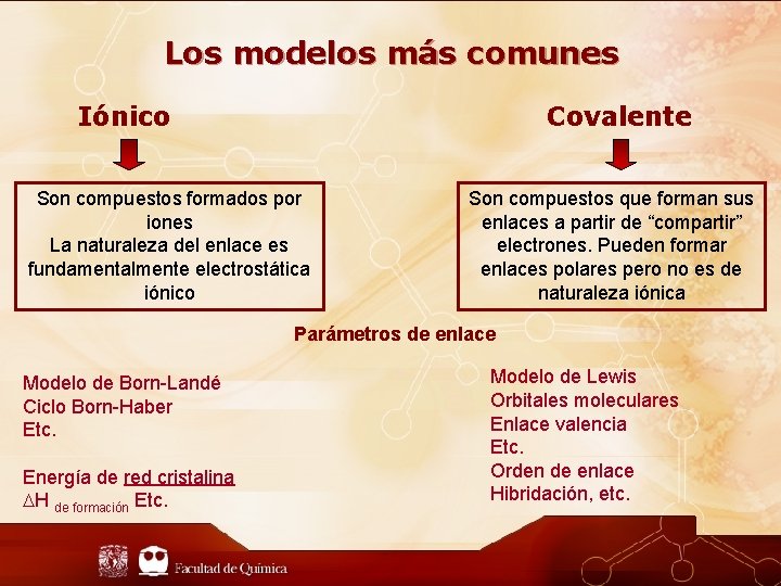 Los modelos más comunes Iónico Covalente Son compuestos formados por iones La naturaleza del