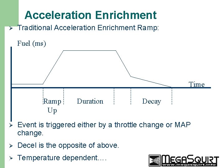 Acceleration Enrichment Ø Traditional Acceleration Enrichment Ramp: Fuel (ms) Time Ramp Up Duration Decay