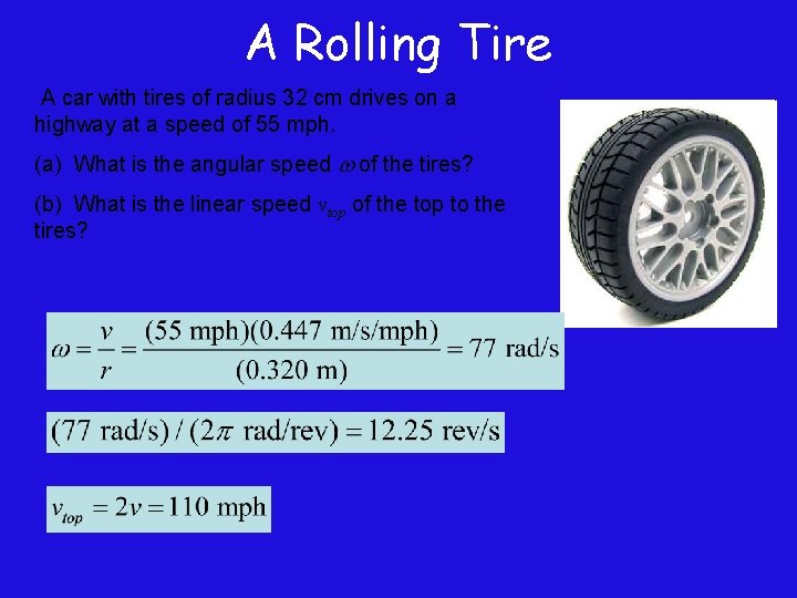 A Rolling Tire A car with tires of radius 32 cm drives on a