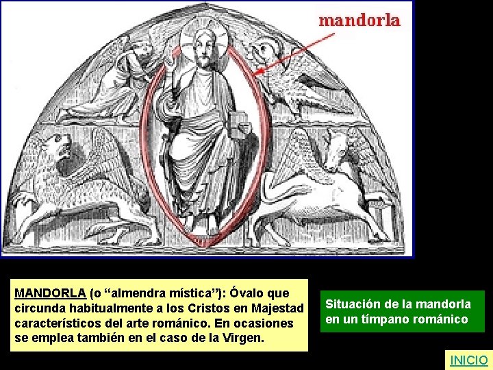 MANDORLA (o “almendra mística”): Óvalo que circunda habitualmente a los Cristos en Majestad característicos