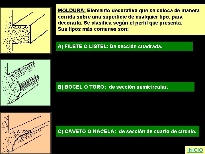 MOLDURA: Elemento decorativo que se coloca de manera corrida sobre una superficie de cualquier