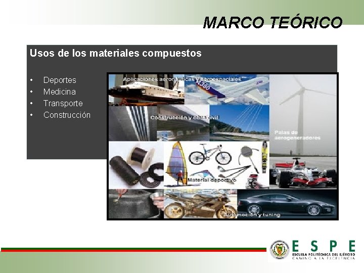 MARCO TEÓRICO Usos de los materiales compuestos • • Deportes Medicina Transporte Construcción 