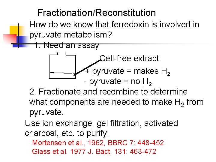 Fractionation/Reconstitution How do we know that ferredoxin is involved in pyruvate metabolism? 1. Need