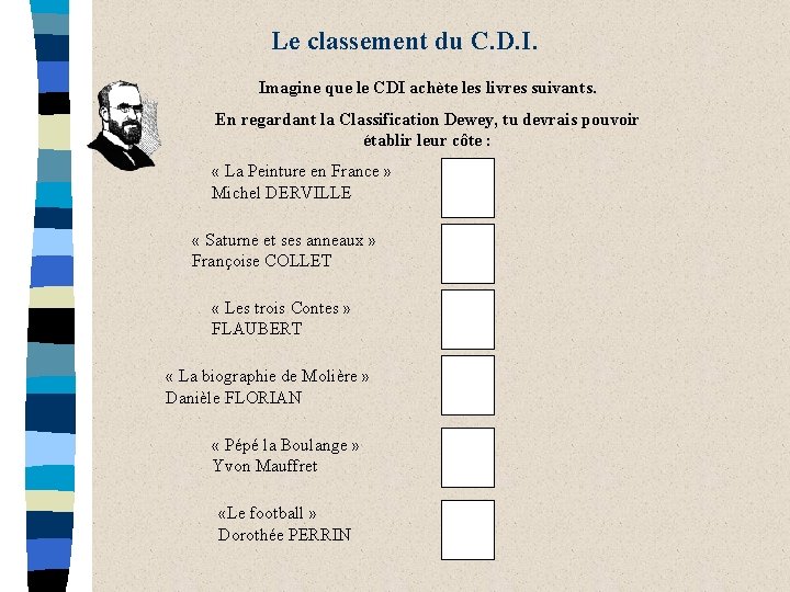 Le classement du C. D. I. Imagine que le CDI achète les livres suivants.