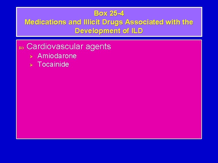 Box 25 -4 Medications and Illicit Drugs Associated with the Development of ILD Cardiovascular