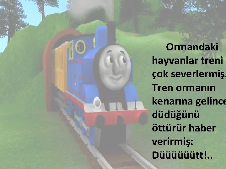 Ormandaki hayvanlar treni çok severlermiş. Tren ormanın kenarına gelince düdüğünü öttürür haber verirmiş: Düüüüüütt!.