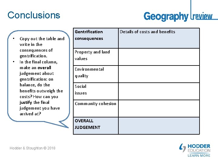 Conclusions • • Copy out the table and write in the consequences of gentrification.