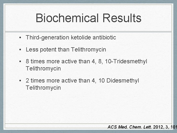 Biochemical Results • Third-generation ketolide antibiotic • Less potent than Telithromycin • 8 times