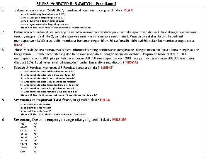 SELEKSI NESTED IF & SWITCH – Praktikum 3 1. Sebuah rumah makan “SHALERO”, membuat