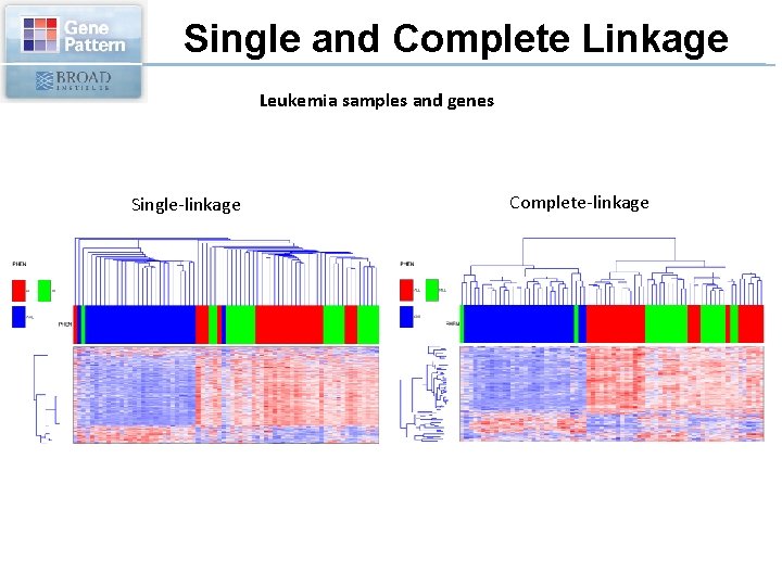 Single and Complete Linkage Leukemia samples and genes Single-linkage Complete-linkage 