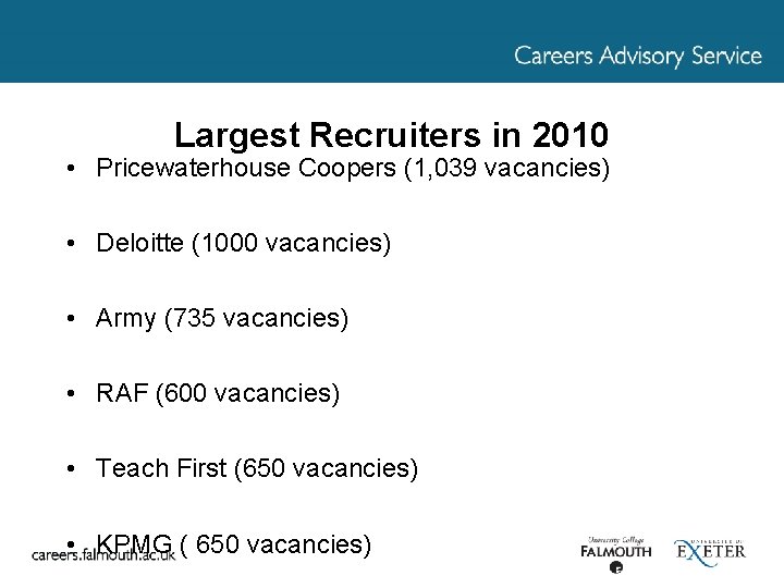 Largest Recruiters in 2010 • Pricewaterhouse Coopers (1, 039 vacancies) • Deloitte (1000 vacancies)