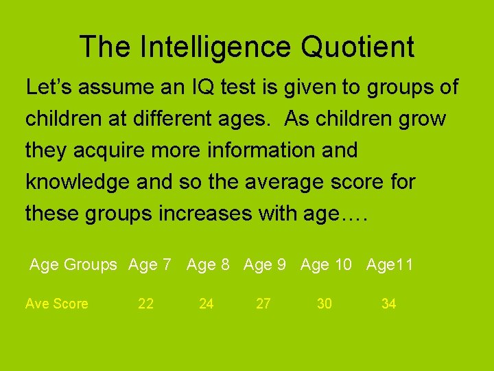 The Intelligence Quotient Let’s assume an IQ test is given to groups of children