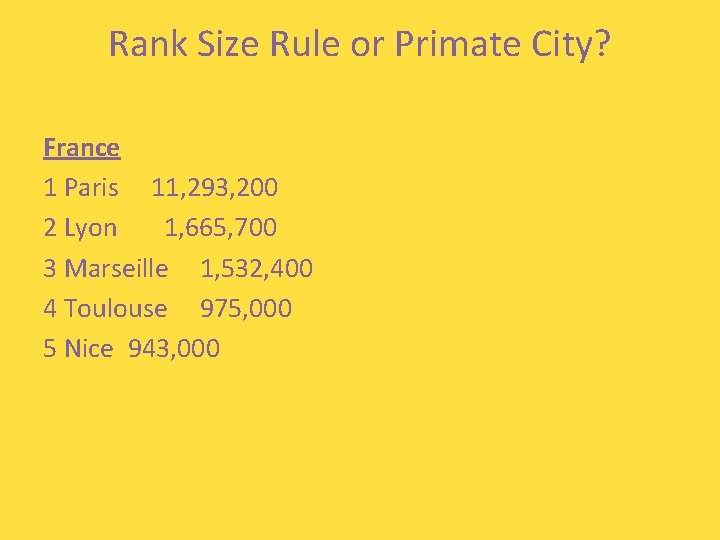 Rank Size Rule or Primate City? France 1 Paris 11, 293, 200 2 Lyon