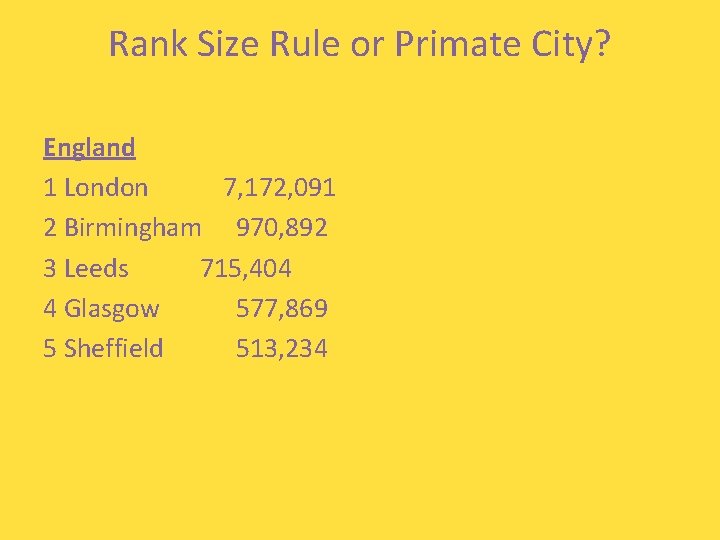 Rank Size Rule or Primate City? England 1 London 7, 172, 091 2 Birmingham